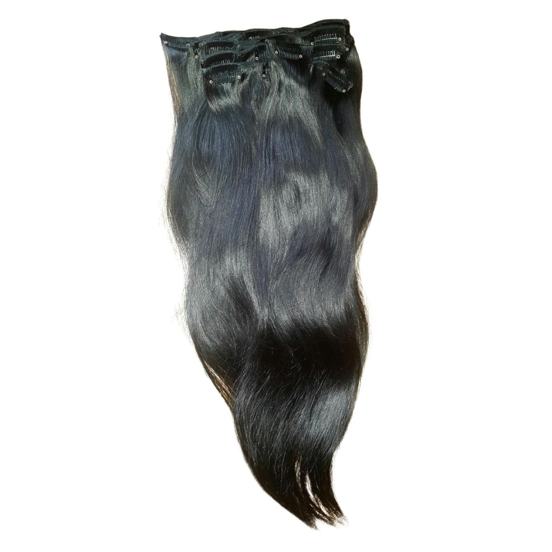 100% Human Soft Natural Black Clip In Hair Extensions Set