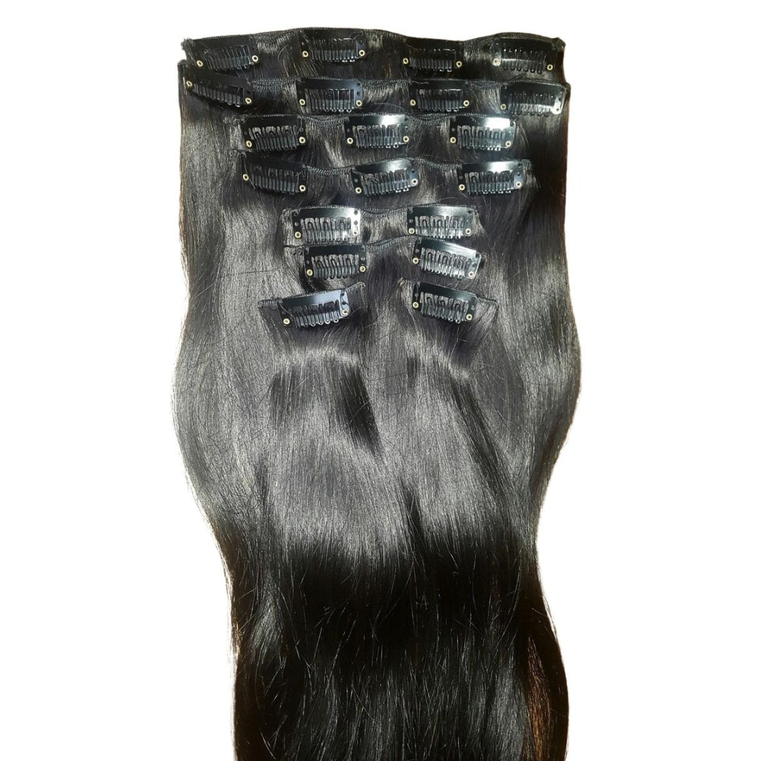100% Human Soft Natural Black Clip In Hair Extensions Set